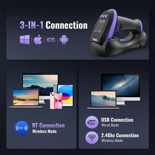 Miniatura 5 de Tera Escáner de Código de Barras Inalámbrico con Pantalla: Versión Pro 1D 2D QR con Teclado de Configuración, Cuna de Carga, Funciona con Bluetooth
