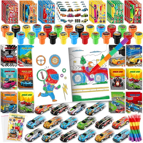 BenLouis 84 piezas de recuerdos de fiesta con tema de carreras, libros para colorear, crayolas, stickers, set a granel para niños, ruedas de