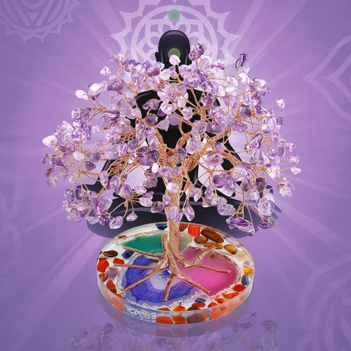 Miniatura 5 de ZenBless Árbol de 7 piedras curativas de chakra, hojas de amatista envueltas en alambre sobre base de rebanadas de ágata natural, decoración de Feng