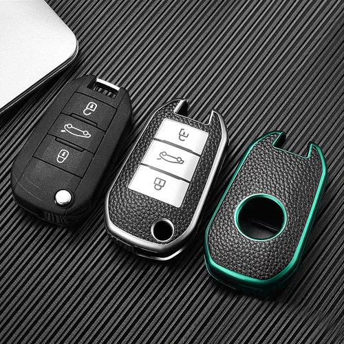 Miniatura 4 de SANRILY Funda de cuero con textura para llavero Peugeot 208 301 308 508 2008 3008 protección completa sin llave con llaveros, color verde