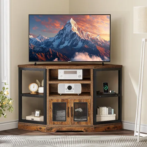 Miniatura 7 de YITAHOME Soporte de TV esquinero para televisores de hasta 50 pulgadas con toma de corriente, moderno centro de entretenimiento de granja, consola