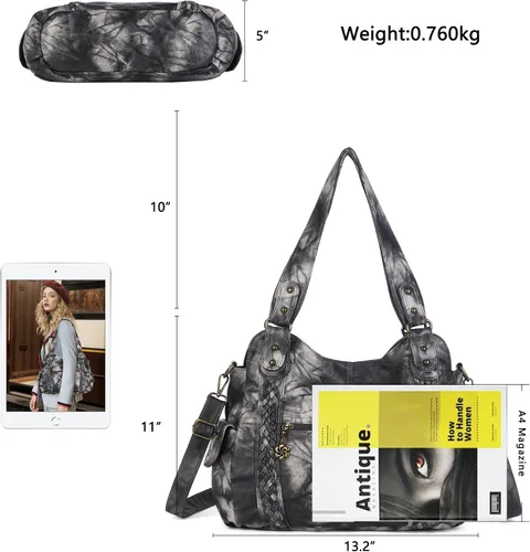 Miniatura 203 de Angel Barcelo - Bolsa de hombro amplia para mujer, diseño Hobo, cuero lavado