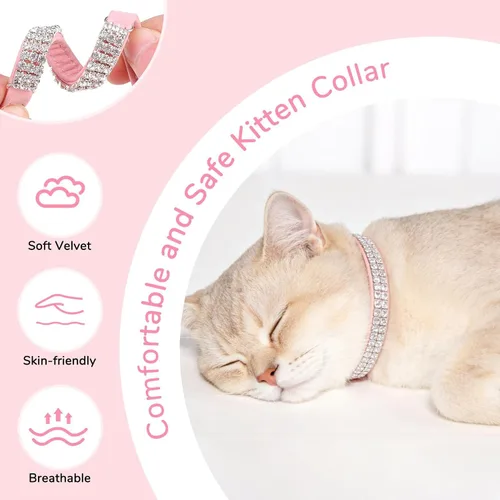 Miniatura 2 de BINGPET collar ajustable para gatos, de terciopelo suave, seguro, collares Bling diamante con cascabel, Adjustable, Rosado claro Rosa