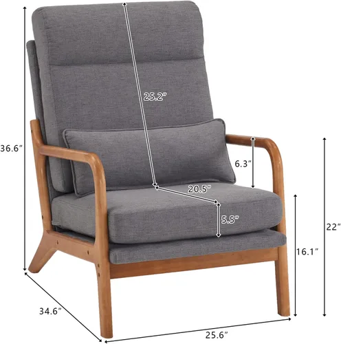 Miniatura 3 de SSLine Sillón tapizado moderno de tela de lino suave con almohada y marco de madera de roble, cómodo sofá individual con respaldo alto, silla