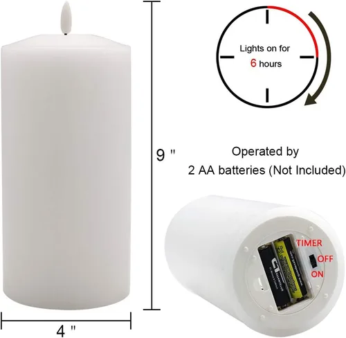Miniatura 2 de Vela blanca grande sin llama, funciona con pilas con temporizador de 6 horas, vela LED parpadeante de cera real, para interiores, bodas, cenas