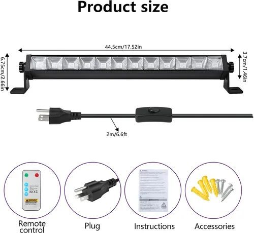 Miniatura 7 de Barra de luz LED negra de 48 W con control remoto e interruptor, barras de luz negra con enchufe y cable de 6.5 pies, luz negra para fiesta