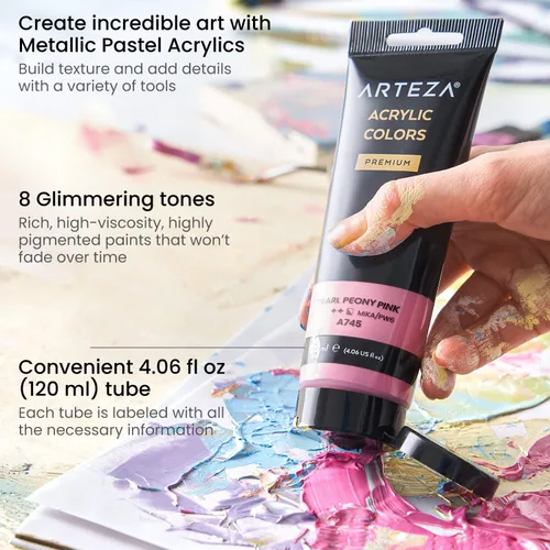 Miniatura 3 de ARTEZA Pintura acrílica pastel, juego de 8, tonos metálicos, tubos de 4.06 onzas líquidas, pintura a base de agua de alta viscosidad, acabado