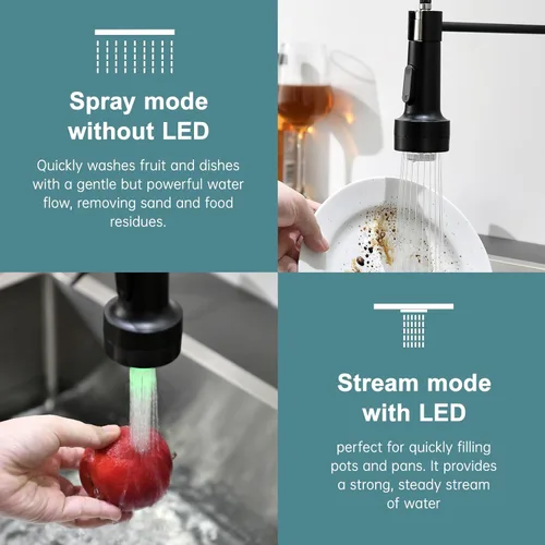 Miniatura 4 de GIMILI Grifo de cocina negro con dispensador de jabón, rociador extraíble de un solo orificio, grifo LED, adecuado para casas de campo, RV, Negro