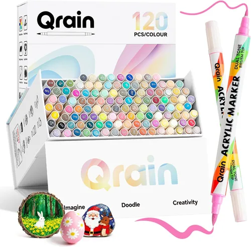 Qrain Juego de marcadores de pintura acrílica, 120 colores, puntas dobles (pincel y fino), marcadores acrílicos a base de agua para rocas, madera,