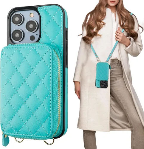 Miniatura 12 de Bocasal Funda tipo cartera cruzada para iPhone 14 Pro, bloqueo RFID, de piel sintética, con cremallera, funda tipo cartera con función atril y Gris