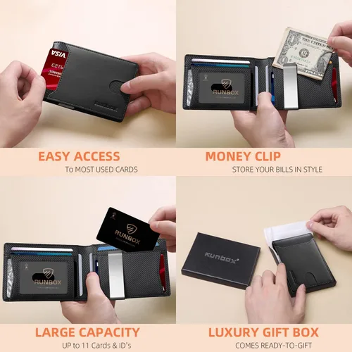 Miniatura 143 de RUNBOX - Carteras delgadas para hombre, cartera de piel con pinza para el dinero, cartera de bolsillo frontal con bloqueo RFID, tarjetero