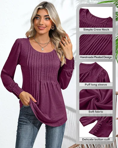 Miniatura 4 de Ficerd Blusa plisada de manga corta abombada para mujer, cuello redondo, elegante, casual, holgada, para primavera y verano