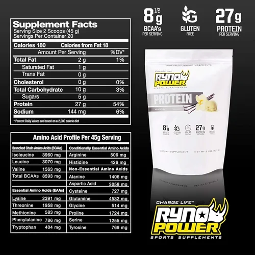 Miniatura 6 de Ryno Power Proteína de suero totalmente natural, 2 libras (20 porciones) 'vainilla', mezcla de proteína de suero 100% y sin rellenos, sin OMG