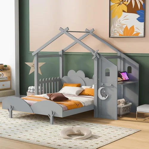 Miniatura 11 de Quarte Cama moderna de tamaño matrimonial con estantes de almacenamiento y cama nido de tamaño individual, sofá cama de madera para niños y niñas