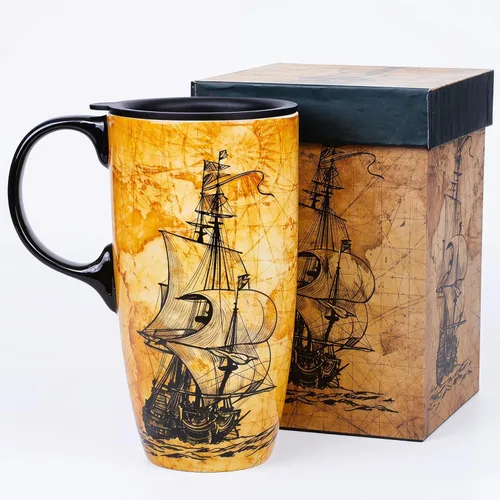 Miniatura 11 de Taza de cerámica de viaje de Voltugar con tapa y asa para el hogar y la oficina, taza de té alta de porcelana con diseño de olas y caja