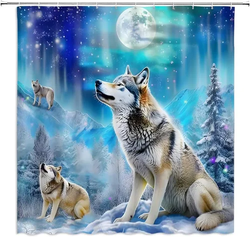 Cortina de ducha con diseño de lobo, nieve, invierno, bosque, montaña, luna llena, vida silvestre, animales, decoración de baño, cortinas de tela