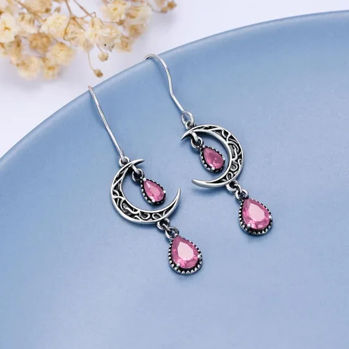 Miniatura 3 de Aretes de luna para mujer, plata de ley 925, aretes colgantes de luna celta, esmeralda, amatista, rubí, zafiro, rosa, peridoto, aguamarina, citrino