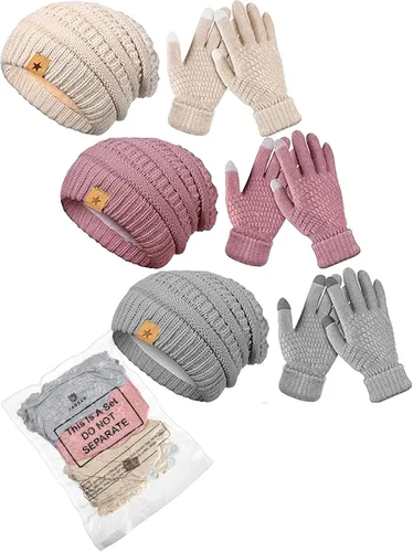 Miniatura 6 de Juego de 6 guantes de invierno, 3 sombreros de punto de invierno y 3 pares de guantes cálidos para pantalla táctil para mujeres y hombres al aire