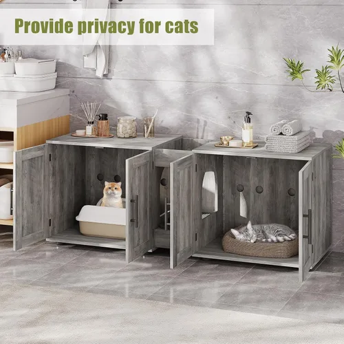 Miniatura 8 de GAOMON Caja de arena con doble jaula, casa para gatos, caja de arena oculta para 2 gatos, muebles de madera cerrada para gatos, 55 pulgadas de largo