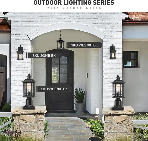 Miniatura 3 de Emliviar Luces de Farol de Pared para Exteriores, Lámpara de Aplique de Pared Exterior de 1 Luz, Acabado Negro con Vidrio Granulado Transparente