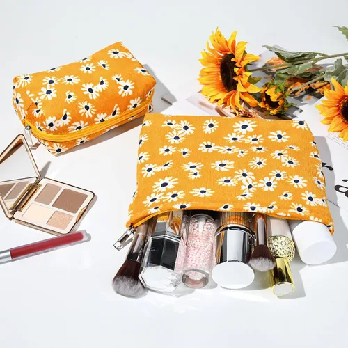 Miniatura 5 de SOIDRAM 2 piezas de bolsa de maquillaje con flores, gran capacidad de cosméticos, bolsa de lona mixta, bolsa de artículos de aseo para viajar