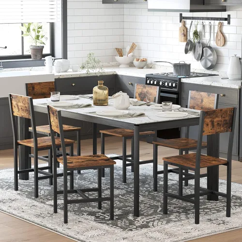 VASAGLE Juego de 6 sillas de comedor, sillas de cocina de madera con estructura de acero, fácil de montar, asiento cómodo, silla moderna de estilo