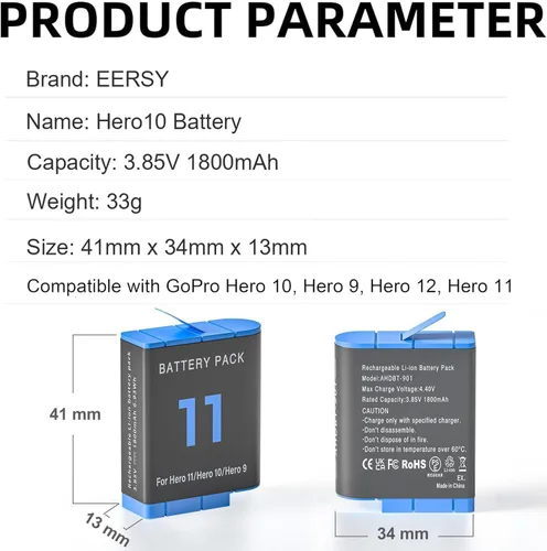 Miniatura 5 de Juego de baterías compatible con gopro Hero 12 11 10 9 (negro)