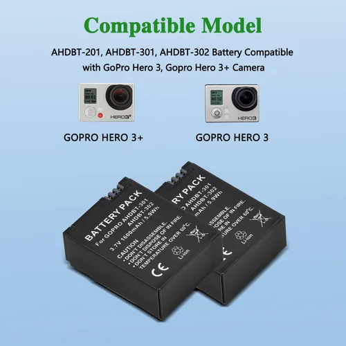 Miniatura 2 de Tectra Paquete de 3 baterías de repuesto AHDBT-301 Hero3 + cargador dual LCD para cámaras GoPro Hero 3, Go Pro Hero 3+, AHDBT-301, AHDBT-302