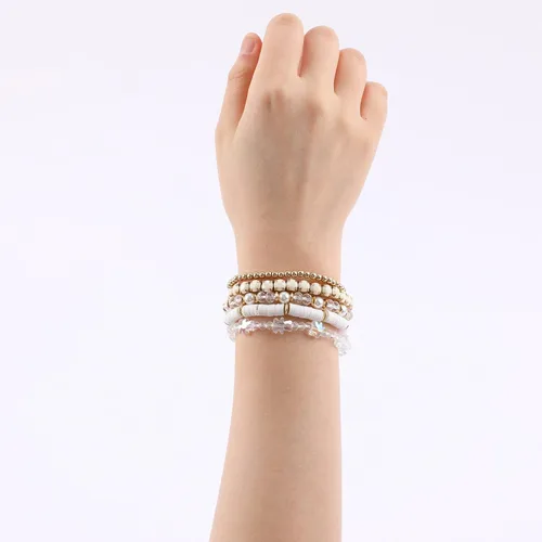 Miniatura 6 de Pulseras de cuentas de arcilla, pulseras de cristal con cuentas de varias capas, bohemio, blanco y rosa, juego de pulseras para mujer