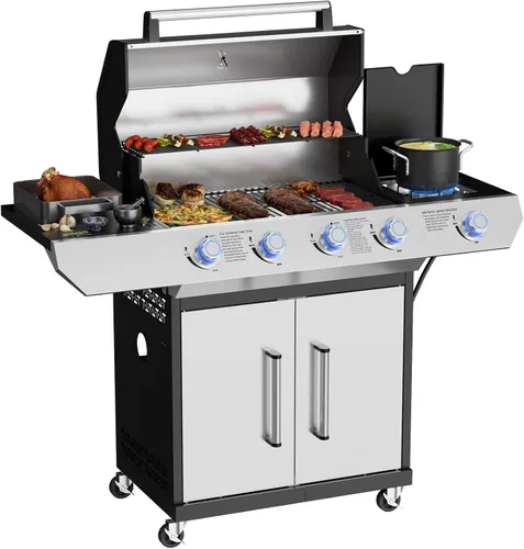 Miniatura 9 de Parrilla de gas propano, parrilla de barbacoa de acero inoxidable 4+1 con quemador lateral infrarrojo para cocinar al aire libre, color negro