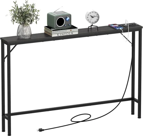 Tohomeor Mesa consola delgada de 5.9 pulgadas con estación de carga, color negro carbón, 47.2 pulgadas, estrecha, larga detrás del sofá, con tomas