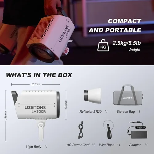 Miniatura 8 de Godox LA300R RGB COB LED Video Light 330W Kit de luz continua a todo color con bolsa de transporte CCT 1800K-10000K 94700lux Montaje Bowens Luz