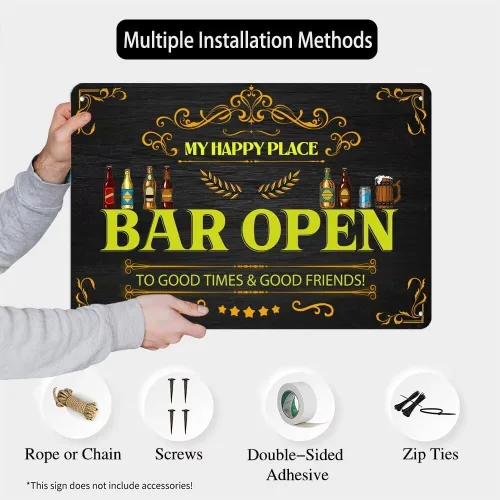 Miniatura 4 de Letrero de metal vintage con texto en inglés «My Happy Place Bar Open To Good Times & Good Friends», letreros divertidos de cerveza para el hogar