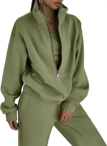 Miniatura 7 de COZYPOIN Conjunto deportivo de 2 piezas para mujer, sudadera de forro polar con cremallera media y pantalones de chándal de forro polar