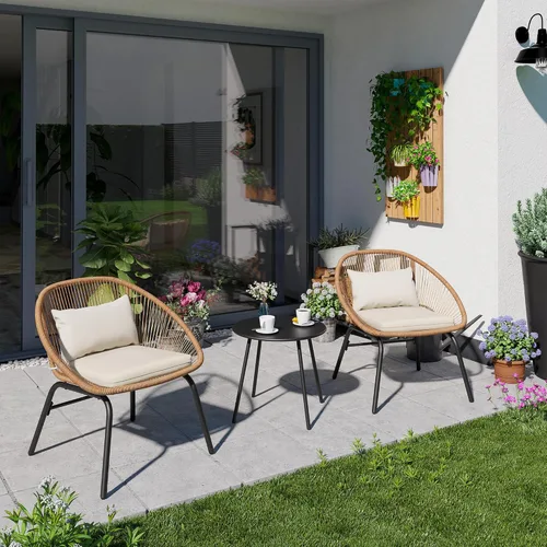 Miniatura 2 de LAUSAINT HOME Juego de 3 piezas para conversación de patio, muebles de mimbre para todo tipo de clima, con 2 sillas anchas y mesa auxiliar, perfecto