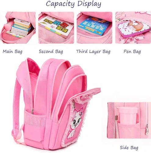 Miniatura 5 de Mochila escolar ligera de encaje con estampado de gatos, bolsa escolar de princesa, bolsa para libros, bolsa para bolígrafos para niñas de primaria