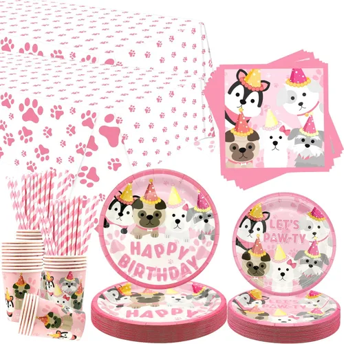 Miniatura 8 de Decoraciones de fiesta de perro, suministros de vajilla de fiesta de cumpleaños con diseño de pata de cachorro rosa, incluye platos llanos de 9