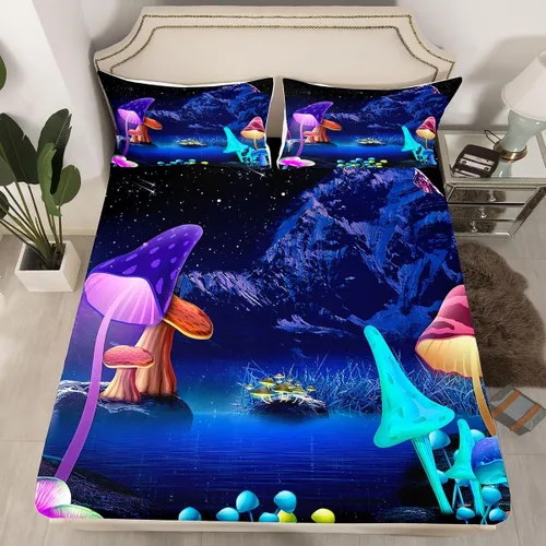 Miniatura 2 de Castle Fairy Juego de sábanas de 3 piezas con diseño de hongos y montaña de nieve para niños + sábanas bajeras de bolsillo profundo + sábana