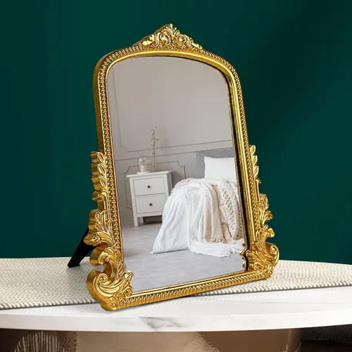 97 Decor Espejo de pared vintage dorado, pequeño espejo dorado para mesa y colgar en la pared, marcos de arco antiguos para escritorio, marco de