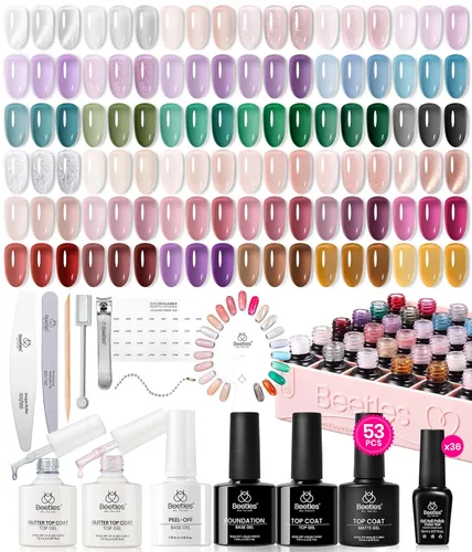 Miniatura 16 de Beetles Deal Box - Kit de esmalte de uñas de gel con luz UV – 32 colores esenciales de estudio, 68 piezas de esmalte de uñas con capa base libre