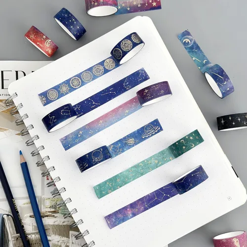 Miniatura 6 de allydrew Elegante caja de cinta washi de lámina dorada para artes y manualidades, álbumes de recortes, papelería, diario (12 rollos), galaxia