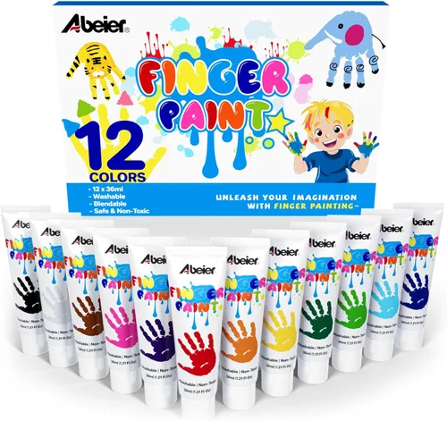 ABEIER Pintura de Dedos Lavable para Niños Pequeños, Segura No Tóxica, 12 Colores Vibrantes (35.8ml), Pintura Segura para Bebés para Manos y Pies,