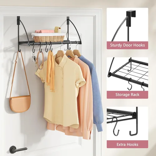 Miniatura 3 de Tajsoon Percha para colgar sobre la puerta con estante de almacenamiento y 6 ganchos, perchero para colgar abrigos, perchero de puerta para baño