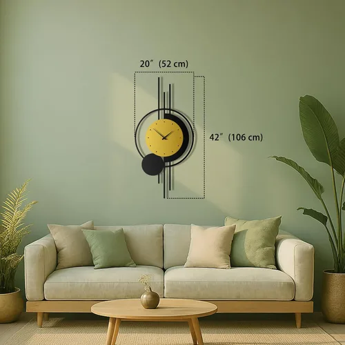 Miniatura 5 de pluviart Reloj de pared geométrico dorado y negro, reloj de metal silencioso grande, arte de pared moderno de mediados de siglo para sala de estar