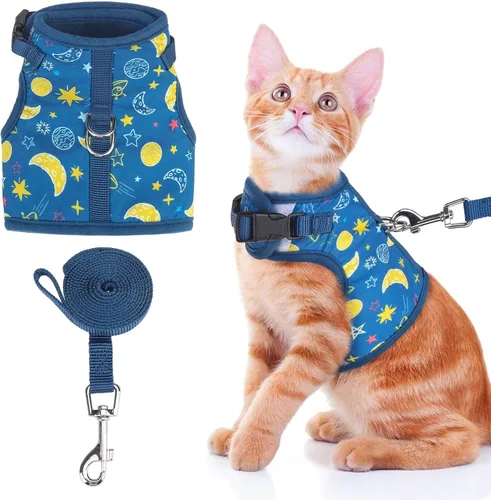 Miniatura 10 de BINGPET Arnés para gatos con correa y collar para caminar, a prueba de escapes, con correa de 59 pulgadas, arnés de chaleco suave ajustable