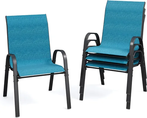 Miniatura 16 de Juego de 4 sillas de comedor para patio, sillas de comedor apilables, respaldo alto, tela de asiento transpirable y marco de acero de aleación