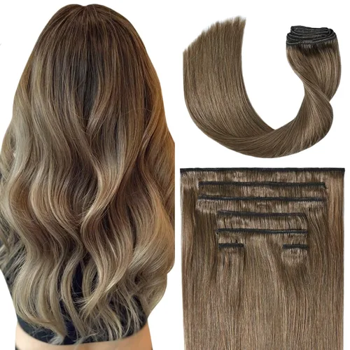 Miniatura 14 de UGOTRAYS Extensiones de cabello humano real de color rubio fresa a rubio decolorado, 12 pulgadas, lacio, doble trama, cabello Remy con clip, 2.47