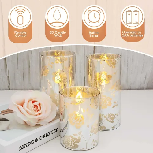 Miniatura 3 de Velas de Cristal Florales Sin Llama Rosa Románticas Operadas con Batería con Control Remoto Parpadeantes LED Plateadas Vela de Pilar de Cera Real