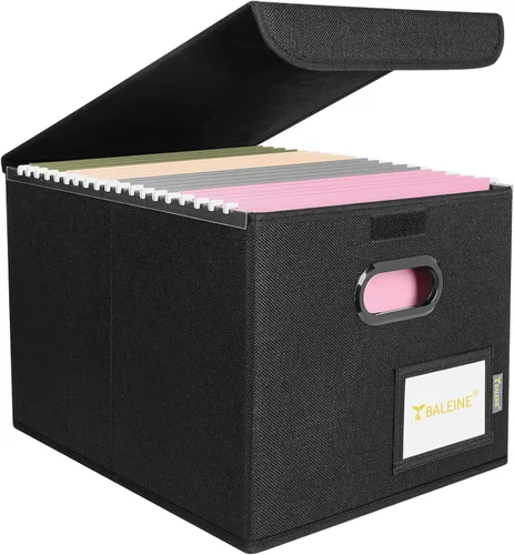 Miniatura 25 de Caja organizadora de archivos Baleine con tapa, organizador de carpetas de archivos plegable con deslizador de plástico, caja de carpetas