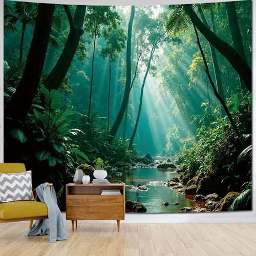 Miniatura 4 de Atrippy Tapiz verde de naturaleza forestal para dormitorio, paisaje brumoso, telón de fondo para colgar en la pared, mural de pared grande, tapices